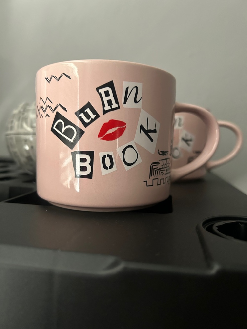 Pink "Burn Book"  Mug with Red Lip Print
